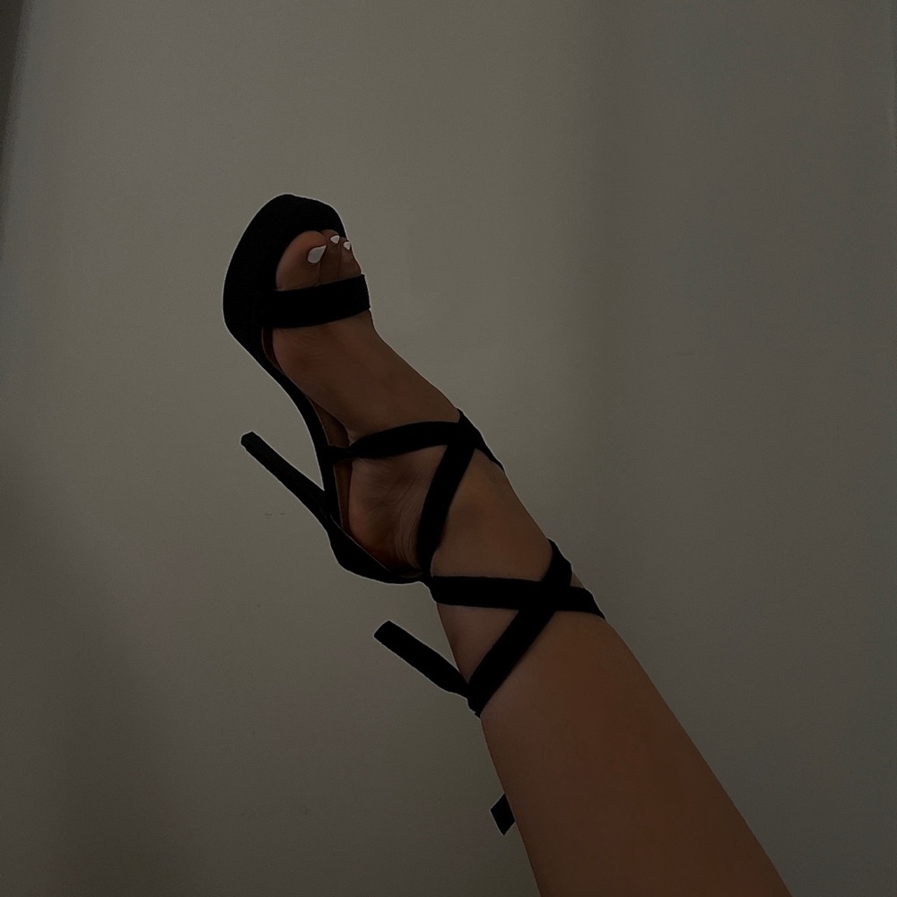 Black platform suede lace up sandal high heels